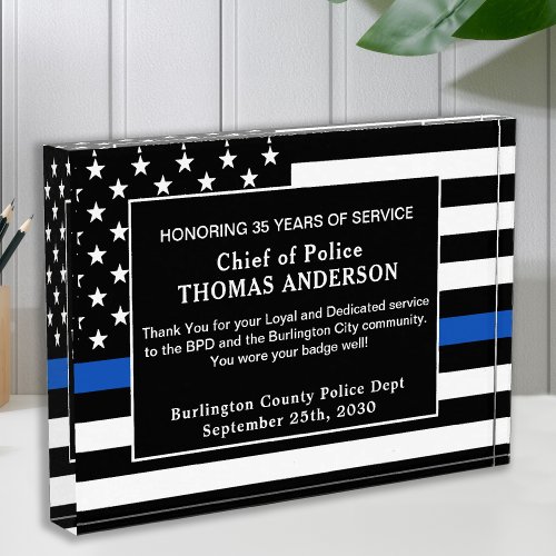 Police Officer Thin Blue Line Cop Retirement  Acrylic Award