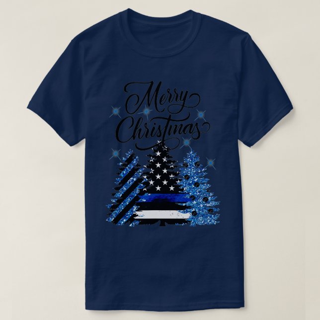 Police Officer Thin Blue Line Flag Christmas Tree  T-Shirt (Design Front)