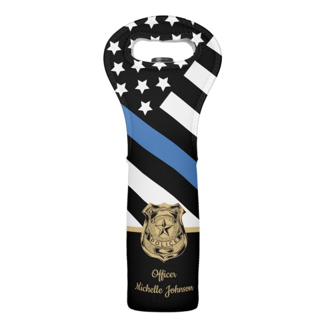 Police Officer Thin Blue Line Flag Officer Name Wine Bag (Front)