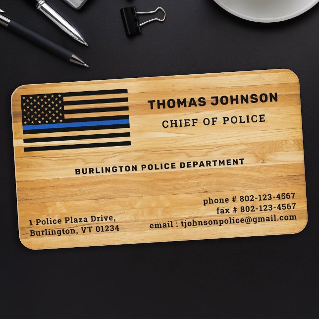 Police Officer Thin Blue Line Flag Rustic Wood Business Card (Creator Uploaded)