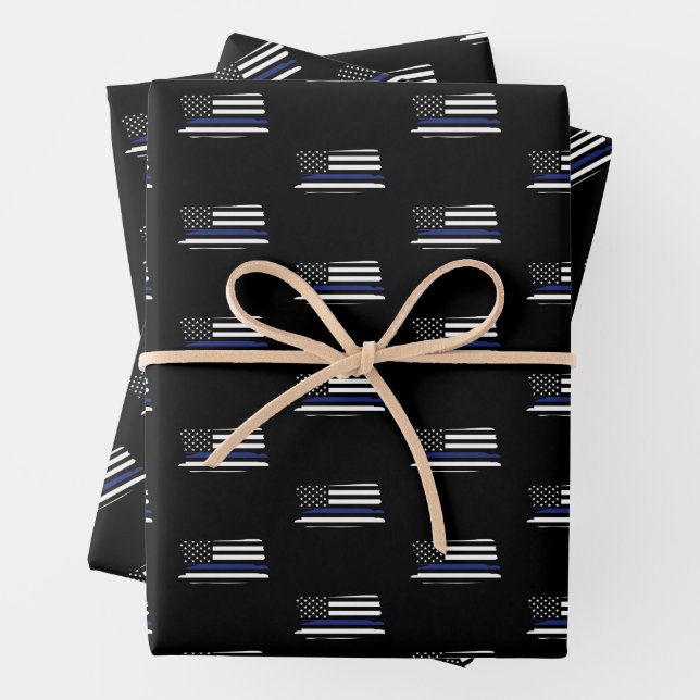 Police Officer Thin Blue Line Law Enforcement Cop Wrapping Paper Sheets (In situ)