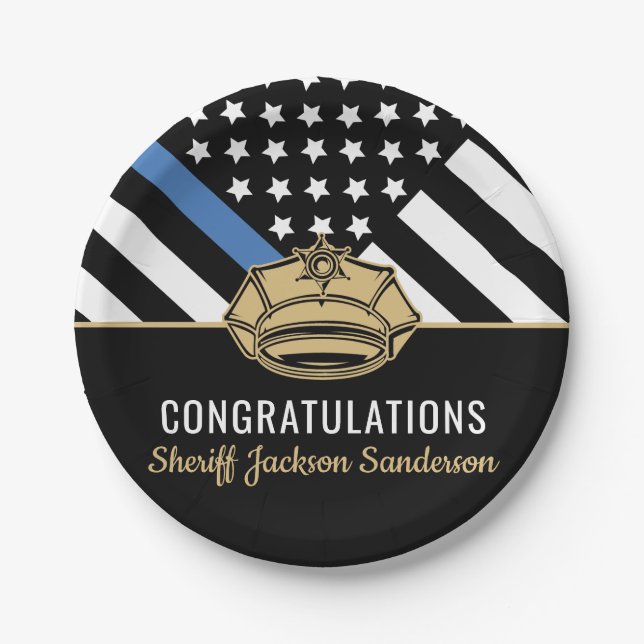 Police Officer Thin Blue Line Retirement Party Paper Plates (Front)