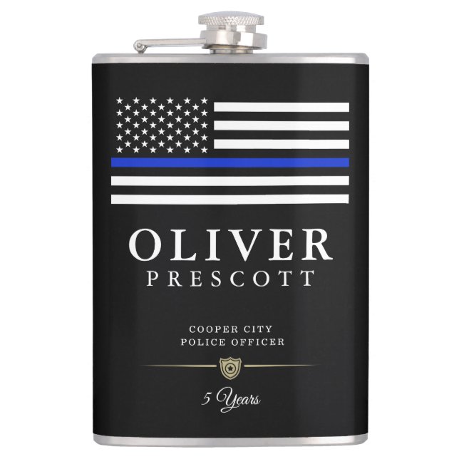 Police Officer | Thin Blue Line Themed Black Flask (Front)