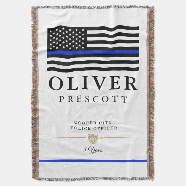 Police Officer | Thin Blue Line Themed White Throw Blanket (Front Vertical)