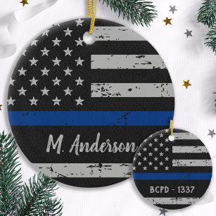 Police Officer - Thin Blue Line USA American Flag Ceramic Ornament