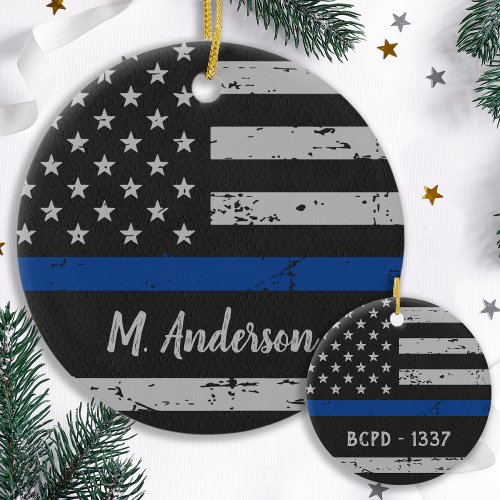 Police Officer _ Thin Blue Line USA American Flag Ceramic Ornament