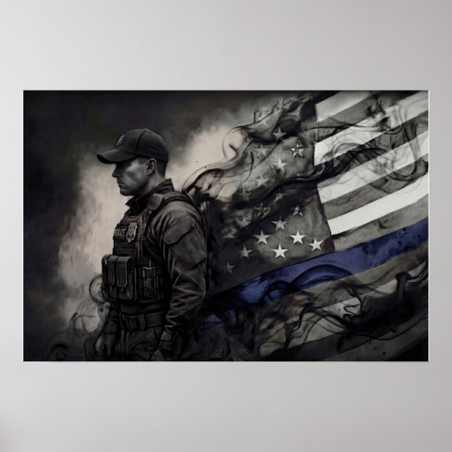Police Officer Tribute Blue Line American Flag Art Poster (Front)