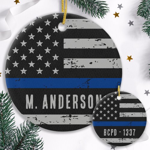 Police Officer _ US American Flag Thin Blue Line Ceramic Ornament