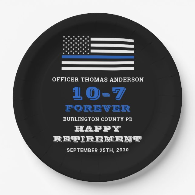 Police Party Thin Blue Line Happy Retirement Paper Plates (Front)