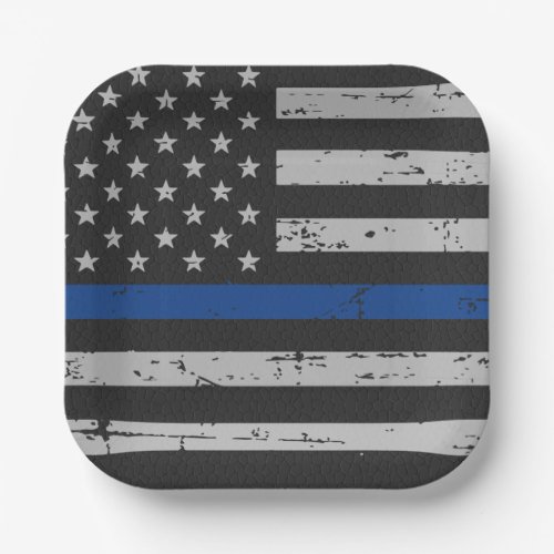 Police Party Thin Blue Line Vintage Flag Square  Paper Plates