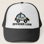 Police patrol car trucker hat for kids<br><div class="desc">Police patrol car trucker hat for kids. Cute law enforcement illustration with personalized name. Vector design for children. Fun gift idea for children's Birthday party. Make one for future officer,  cadet,  sheriff,  agent,  constable,  son,  grandson,  grandchild,  little brother etc.</div>