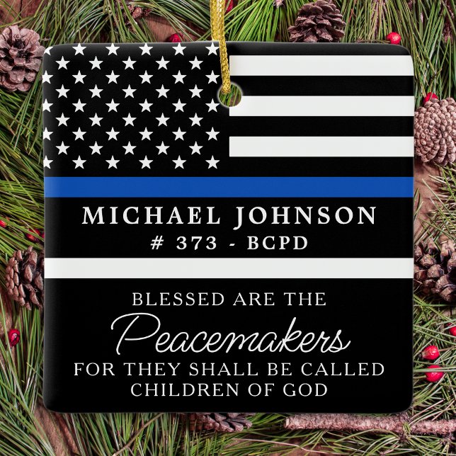 Police Personalized Blessed Cop Thin Blue Line  Ceramic Ornament (Creator Uploaded)