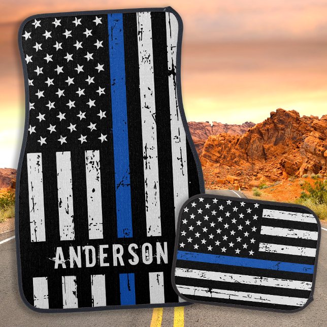 Police Personalized Grunge Flag Thin Blue Line Car Floor Mat (Creator Uploaded)