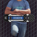 Police Personalized Law Enforcement Thin Blue Line Skateboard<br><div class="desc">Thin Blue Line Skateboard - American flag in Police Flag colors, distressed design . Personalize this police skateboard with monogram initial. This personalized police skateboard deck is perfect for police and law enforcement family , police graduation and police officer retirement gifts. COPYRIGHT © 2020 Judy Burrows, Black Dog Art -...</div>