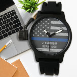 Police Personalized Law Enforcement Thin Blue Line Watch<br><div class="desc">Celebrate and show your appreciation to an outstanding Police Officer with this Thin Blue Line Police Watch - American flag design in Police Flag colors, distressed design . Perfect for service awards and Police Graduation gifts . Personalize with badge number. COPYRIGHT © 2020 Judy Burrows, Black Dog Art - All...</div>