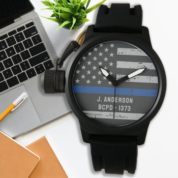 Police Personalized Law Enforcement Thin Blue Line Watch by BlackDogArtJudy at Zazzle