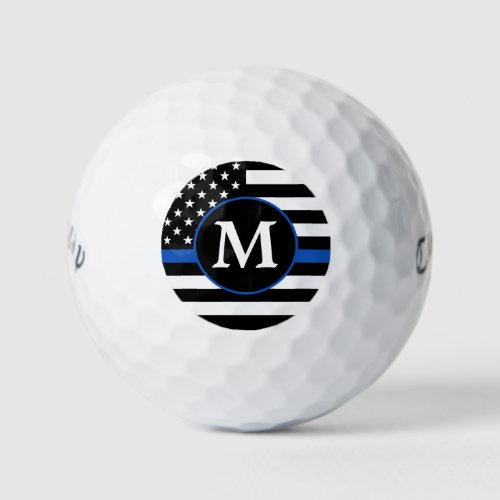 Police Personalized Monogram Thin Blue Line Golf Balls - Thin Blue Line Police Golf Balls - USA American flag design in Police Flag colors, modern black blue design . This personalized police golf balls are perfect law enforcement officer gifts, police retirement gifts, police officer gifts. Personalize these police thin blue line golf balls with police officers monogram initial .
 COPYRIGHT © 2020 Judy Burrows, Black Dog Art - All Rights Reserved. Police Personalized Monogram Thin Blue Line Golf Balls