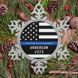 Police Personalized Thin Blue Line Law Enforcement Snowflake Pewter Christmas Ornament<br><div class="desc">Thin Blue Line Police Officer Christmas Ornament - American flag in Police Flag colors, modern black and blue design . Customize with your department name, and personalize with police officers name and badge number. This personalized law enforcement ornament is perfect for police departments and law enforcement officers, stocking stuffers and...</div>