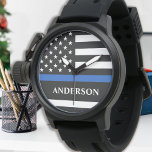 Police Personalized Thin Blue Line Law Enforcement Watch<br><div class="desc">Thin Blue Line Police Watch - American flag design in Police Flag colors modern black, blue white design . Lovely gift to your favorite police or law enforcement officer. Great police retirement gift or appreciation gift. Personalize with name. COPYRIGHT © 2020 Judy Burrows, Black Dog Art - All Rights Reserved....</div>