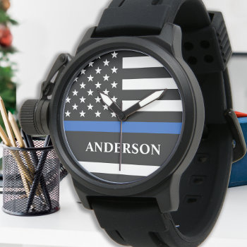 Police Personalized Thin Blue Line Law Enforcement Watch by BlackDogArtJudy at Zazzle