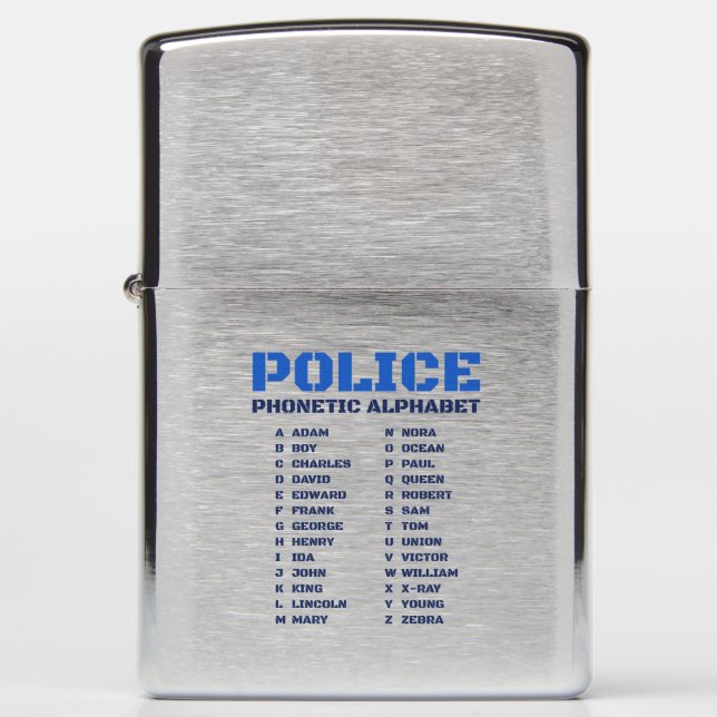 Police Phonetic A to Z Alphabet Zippo Lighter (Front)