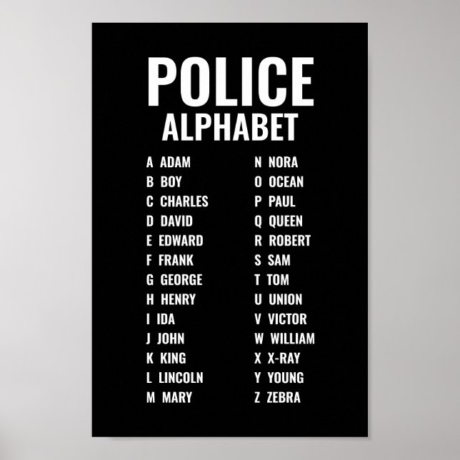 Police Phonetic Alphabet Black & White Poster (Front)