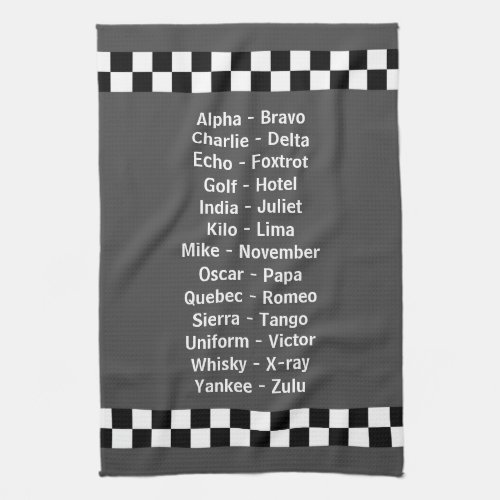 Police Phonetic Alphabet Charcoal Grey Kitchen Towel