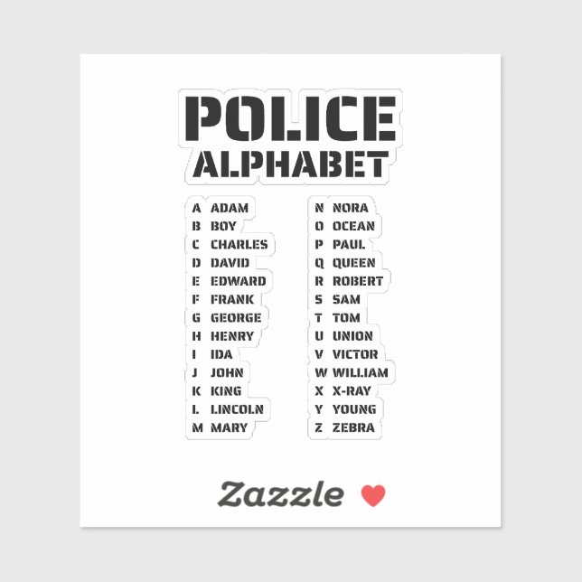 Police Phonetic Alphabet Guide Sticker (Sheet)