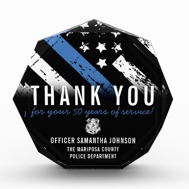 Police Retirement Anniversary Blue Line Employee Acrylic Award (Front)