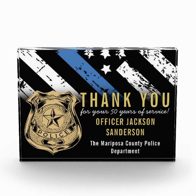 Police Retirement Anniversary Blue Line Flag Acrylic Award (Front)