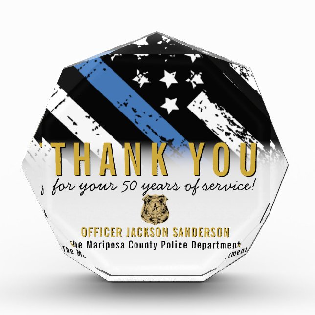 Police Retirement Anniversary Blue Line Flag Acrylic Award (Front)
