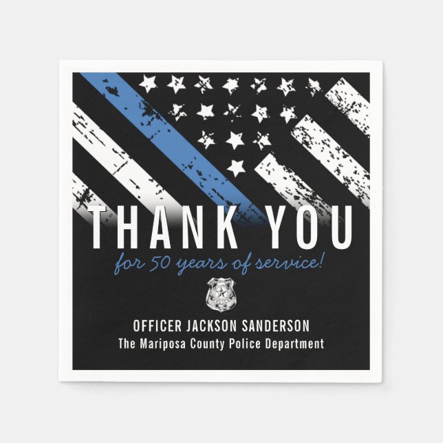 Police Retirement Anniversary Blue Line Flag Napkins (Front)