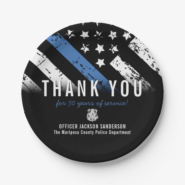 Police Retirement Anniversary Blue Line Flag Paper Plates (Front)