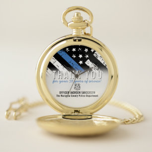 Police Retirement Anniversary Blue Line Flag Pocket Watch