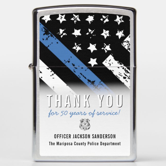 Police Retirement Anniversary Blue Line Flag Zippo Lighter (Front)