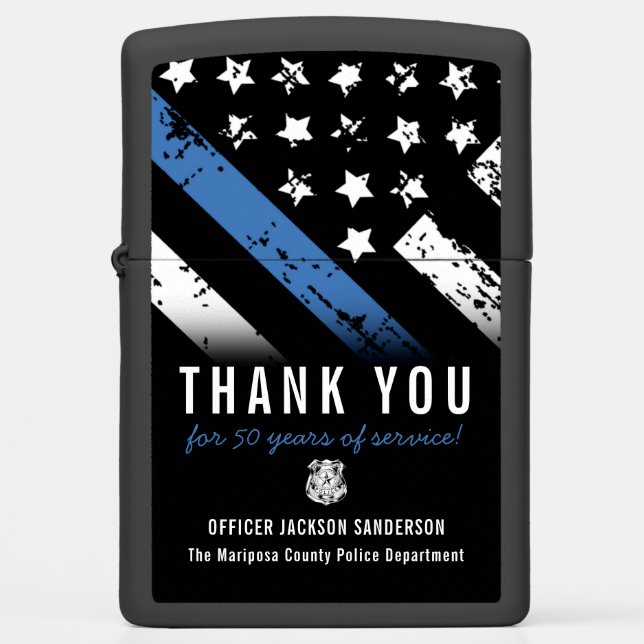 Police Retirement Anniversary Blue Line Flag Zippo Lighter (Front)