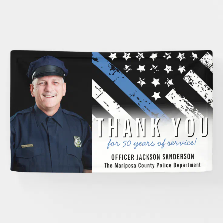 Police Retirement Anniversary Photo Blue Line Flag Banner | Zazzle