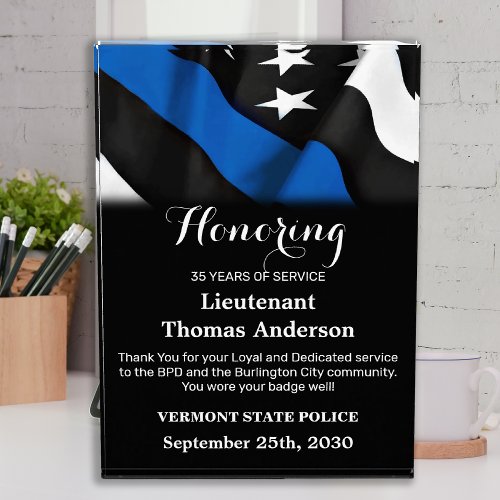 Police Retirement Anniversary Thin Blue Line Acrylic Award