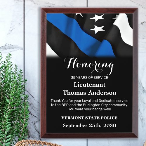 Police Retirement Anniversary Thin Blue Line Award Plaque