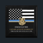 Police Retirement Anniversary Thin Blue Line Flag Gift Box<br><div class="desc">This design features a police force flag with black and white stripes, and a thin blue line stripe as well. Customize with the name of the retiring or graduating law enforcement officer, sheriff, captain, or chief. A great way to say congratulations to the new retiree or graduate for their retirement...</div>