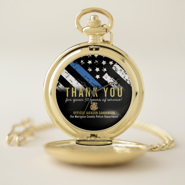 Police Retirement Anniversary Thin Blue Line Flag Pocket Watch (Inside)