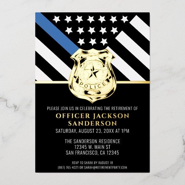 Police Retirement Blue Line Flag Law Enforcement Foil Invitation (Front)