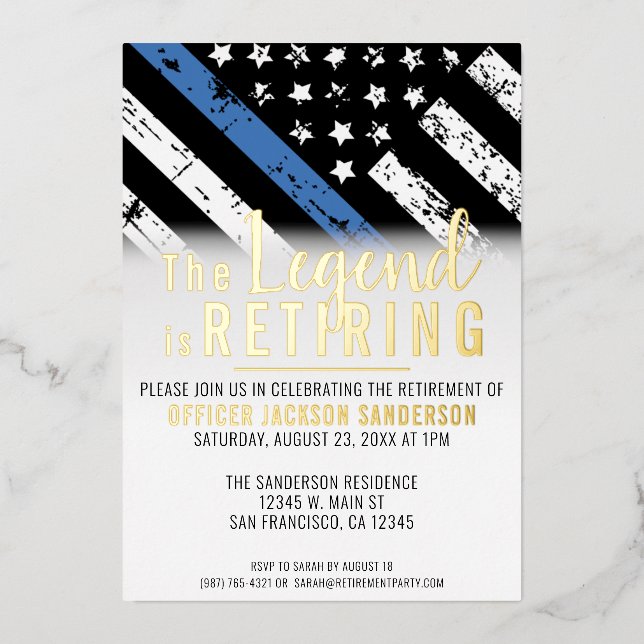 Police Retirement Blue Line Flag Law Enforcement Foil Invitation (Front)