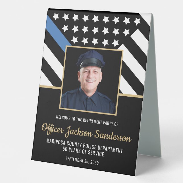 Police Retirement Blue Line Flag Photo Welcome Table Tent (Front)
