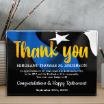 Police Retirement Blue Line Gold Law Enforcement Acrylic Award<br><div class="desc">Celebrate and show your appreciation to an outstanding Police Officer with this Thin Blue Line Award - American flag design in Police Flag colors , modern design black blue and gold thank you script. Personalize this police retirement award with officers name, text with law enforcement department name and community, and...</div>