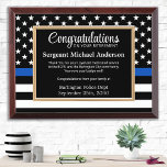 Police Retirement Custom Blue Flag Law Enforcement Award Plaque<br><div class="desc">Celebrate and show your appreciation to an outstanding Police Officer with this Thin Blue Line Award - American flag design in Police Flag colors , modern black blue design. Personalize this police retirement award with officers name, text with law enforcement department name and community, and date of retirement. Perfect of...</div>