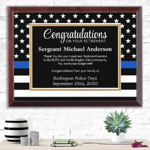 Police Retirement Custom Blue Flag Law Enforcement Award Plaque