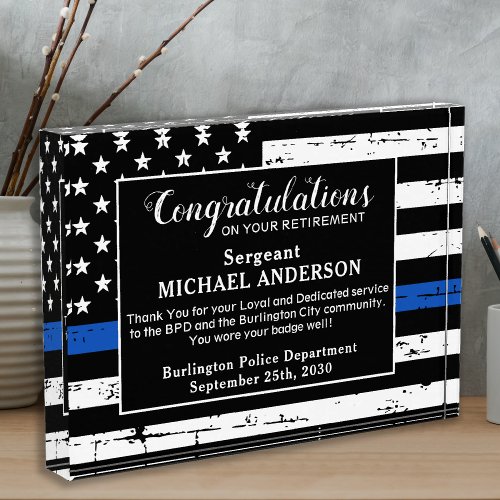 Police Retirement Custom Blue Line Law Enforcement Acrylic Award