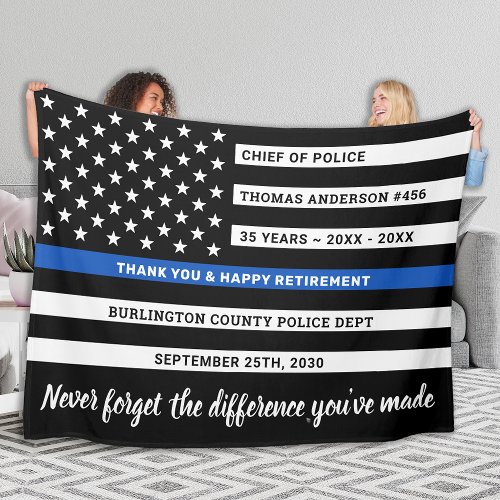 Police Retirement Gift Personalized Thin Blue Line Fleece Blanket