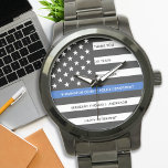Police Retirement Gift Personalized Thin Blue Line Watch<br><div class="desc">Celebrate and show your appreciation to an outstanding Police Officer with this Thin Blue Line Retirement or Anniversary Police Pocket Watch - American flag design in Police Flag colors in a modern black an blue design . Perfect for service awards and Police Retirement gifts and law enforcement retirement. Personalize this...</div>